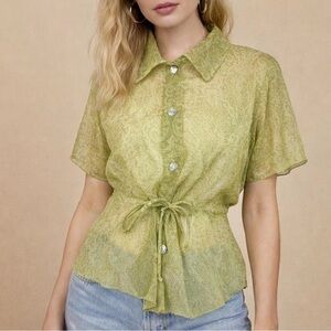 Vintage‎ Lime Green Paisley Print Sheer Blouse Size 10